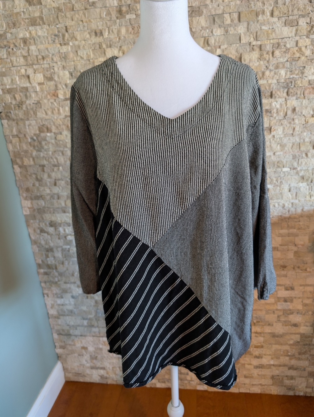 Artsy Patchwork Asymmetrical Top XL Avant Garde Minimalist Striped Gingham Tunic